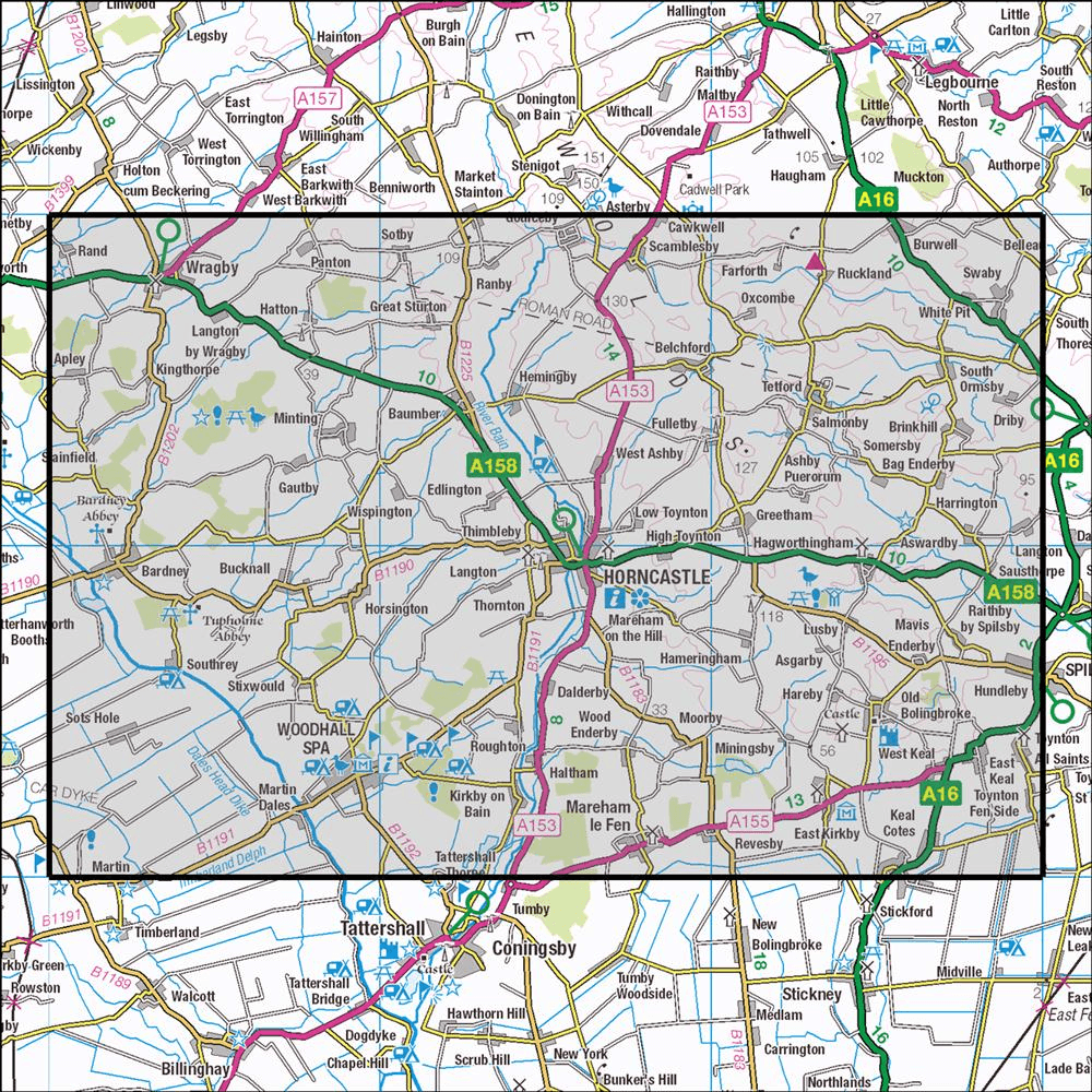 Outdoor Map Navigator image showing the area of the 1:25,000 scale Ordnance Survey Explorer map 273 Lincolnshire Wolds South