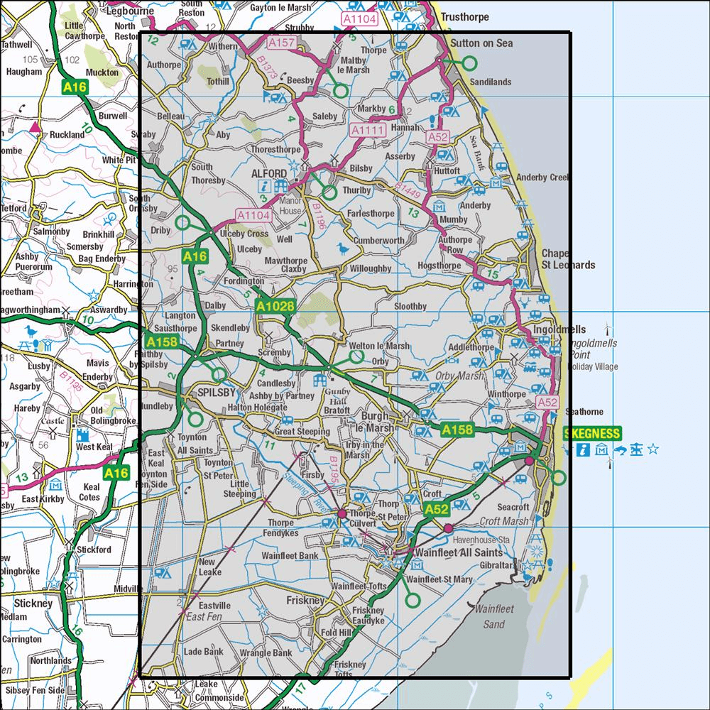 Outdoor Map Navigator image showing the area of the 1:25,000 scale Ordnance Survey Explorer map 274 Skegness, Alford & Spilsby