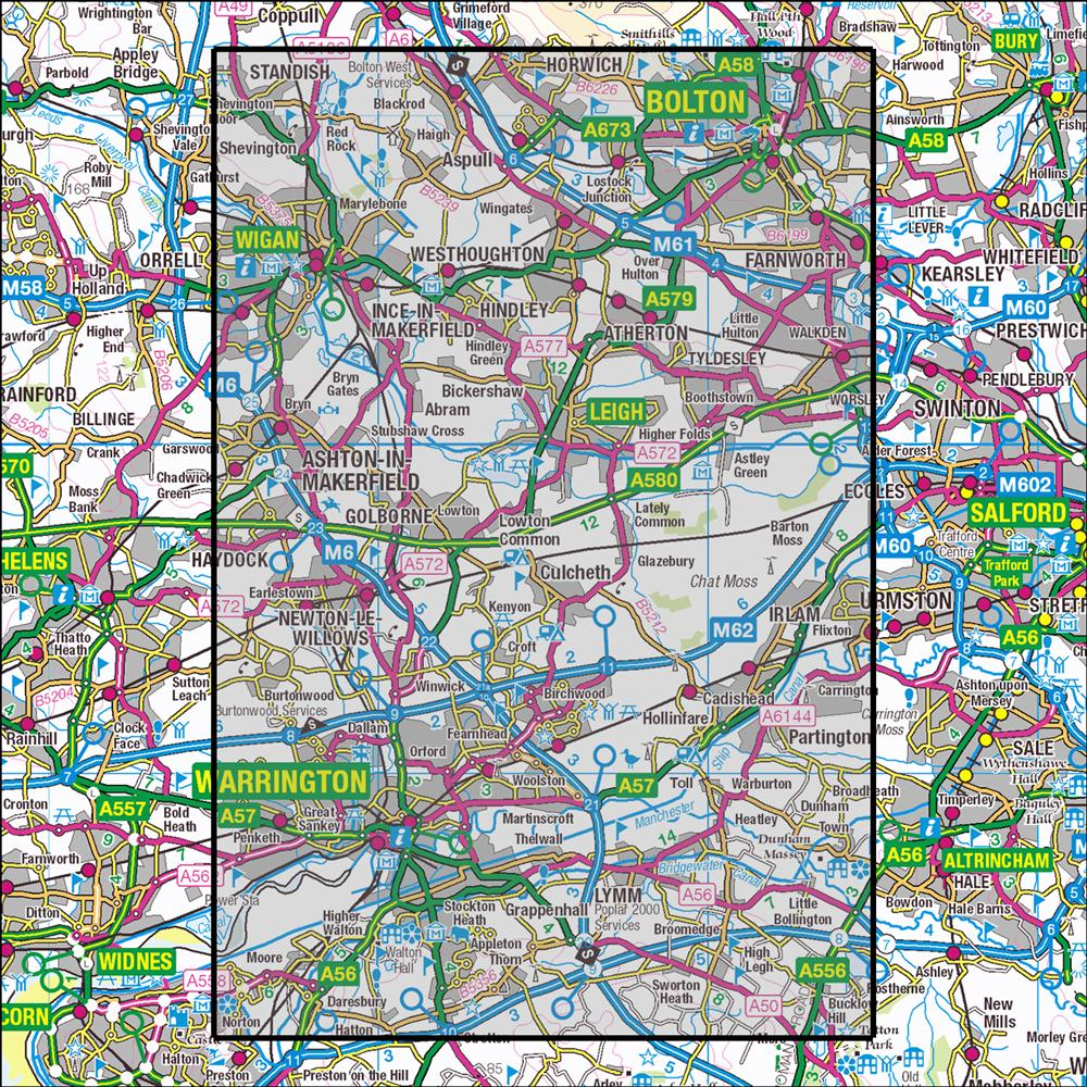 Outdoor Map Navigator image showing the area of the 1:25,000 scale Ordnance Survey Explorer map 276 Bolton, Wigan & Warrington