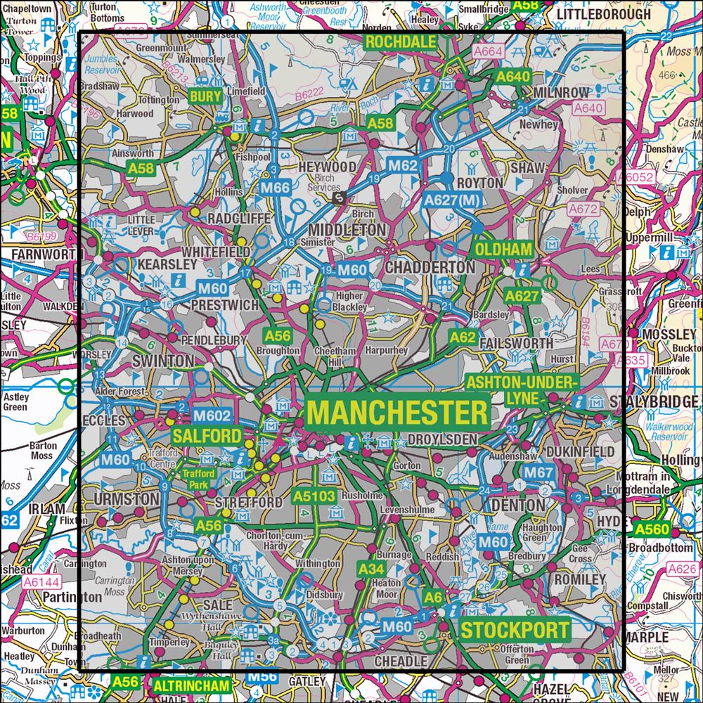 Outdoor Map Navigator image showing the area of the 1:25,000 scale Ordnance Survey Explorer map 277 Manchester & Salford