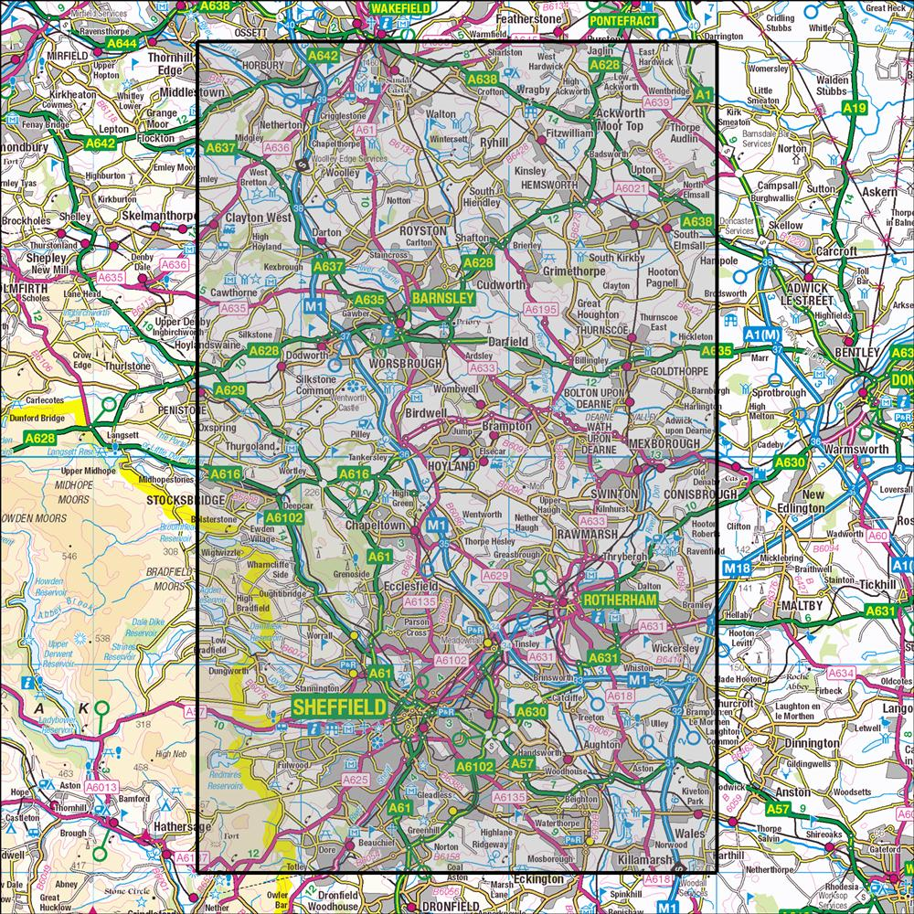 Outdoor Map Navigator image showing the area of the 1:25,000 scale Ordnance Survey Explorer map 278 Sheffield & Barnsley