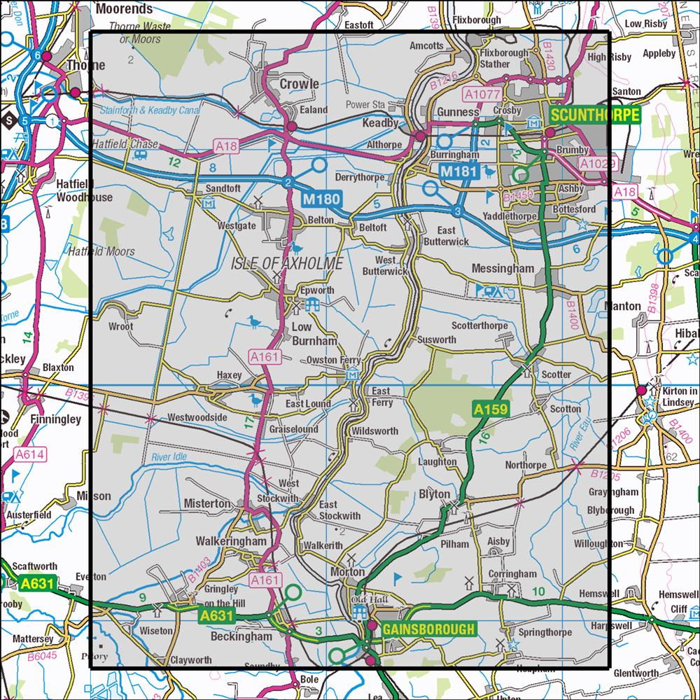 Outdoor Map Navigator image showing the area of the 1:25,000 scale Ordnance Survey Explorer map 280 Isle of Axholme