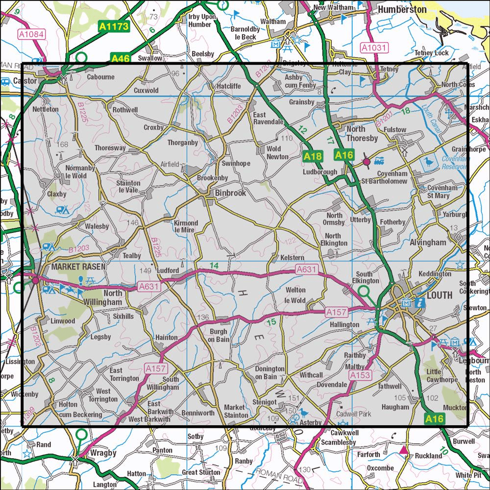 Outdoor Map Navigator image showing the area of the 1:25,000 scale Ordnance Survey Explorer map 282 Lincolnshire Wolds North