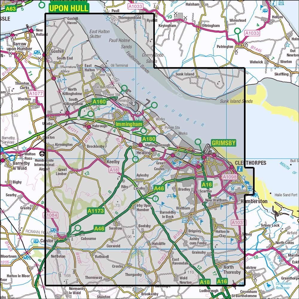 Outdoor Map Navigator image showing the area of the 1:25,000 scale Ordnance Survey Explorer map 284 Grimsby, Cleethorpes & Immingham