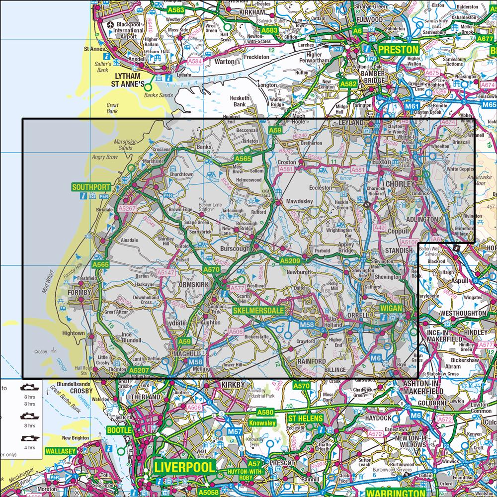 Outdoor Map Navigator image showing the area of the 1:25,000 scale Ordnance Survey Explorer map 285 Southport & Chorley