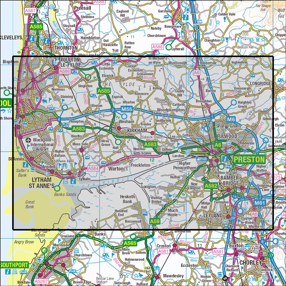 Outdoor Map Navigator image showing the area of the 1:25,000 scale Ordnance Survey Explorer map 286 Blackpool & Preston