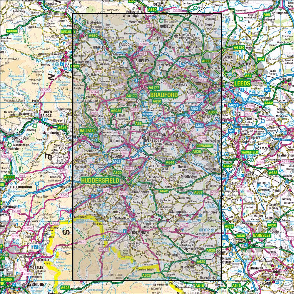 Outdoor Map Navigator image showing the area of the 1:25,000 scale Ordnance Survey Explorer map 288 Bradford & Huddersfield
