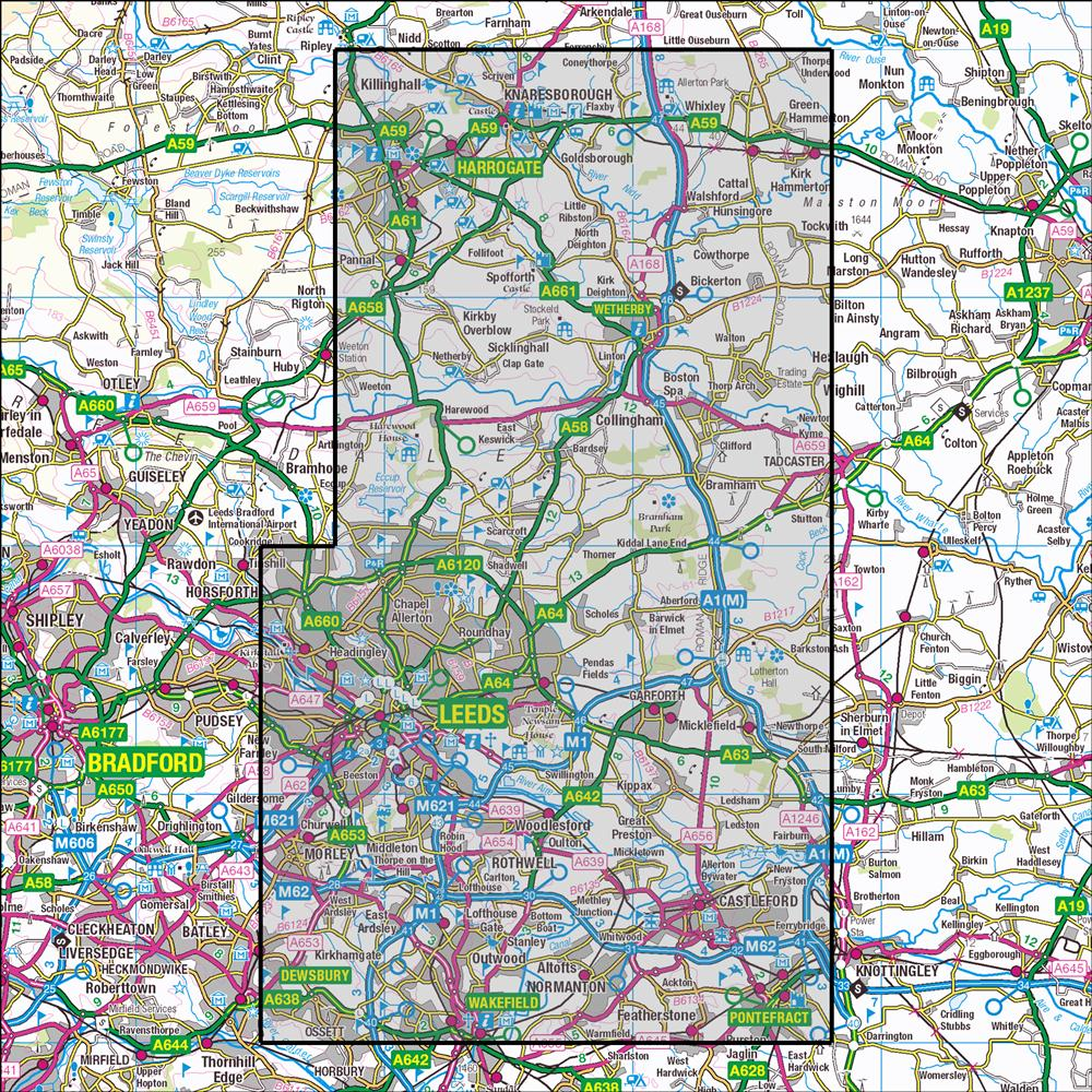 Outdoor Map Navigator image showing the area of the 1:25,000 scale Ordnance Survey Explorer map 289 Leeds