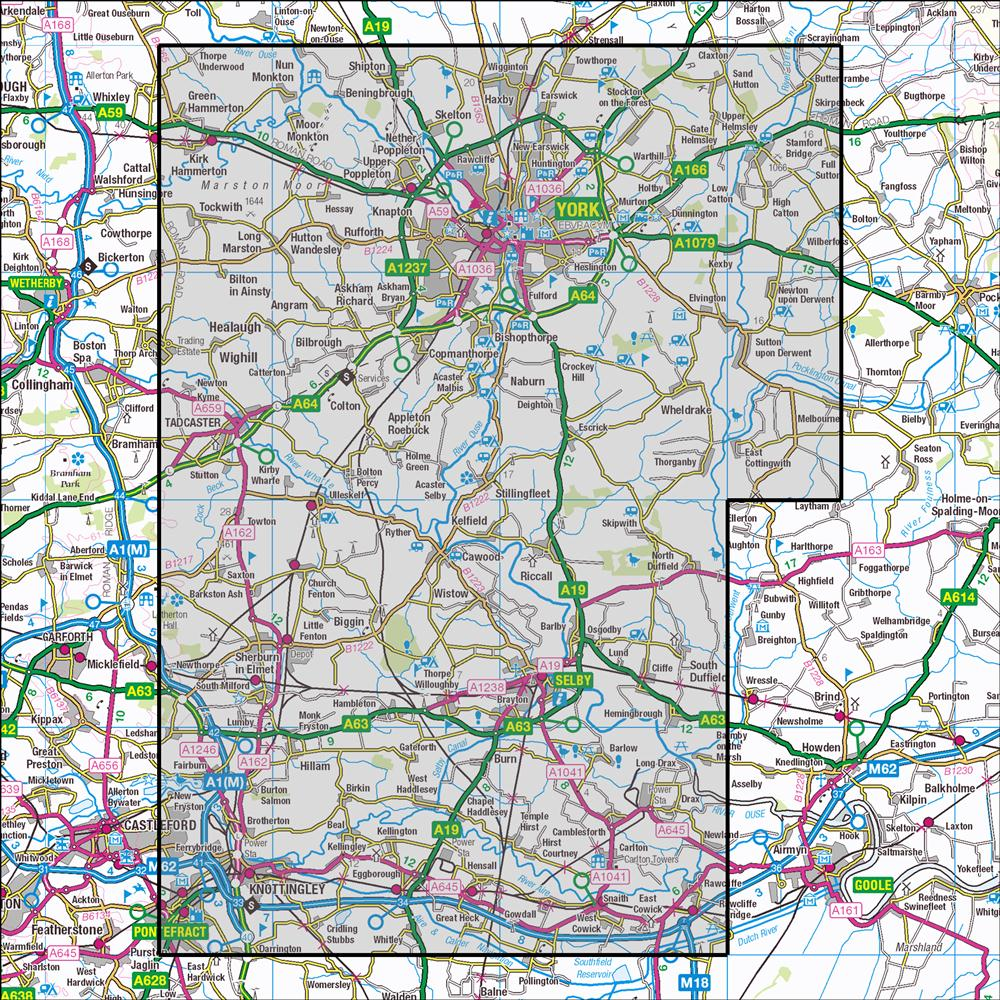 Outdoor Map Navigator image showing the area of the 1:25,000 scale Ordnance Survey Explorer map 290 York