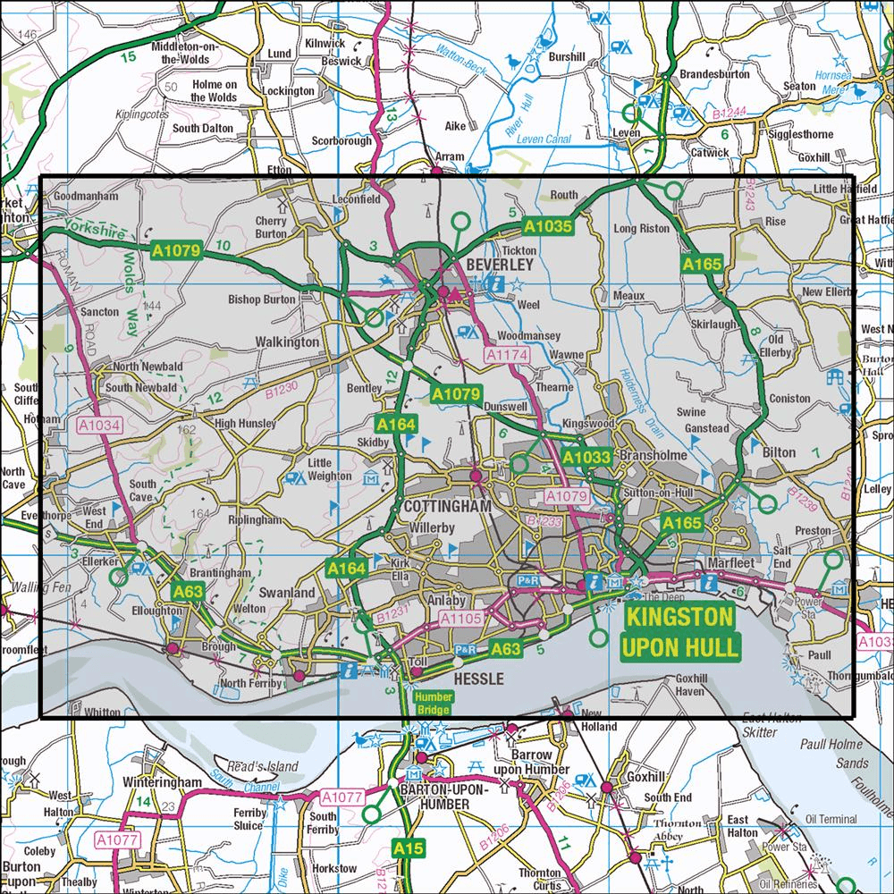 Outdoor Map Navigator image showing the area of the 1:25,000 scale Ordnance Survey Explorer map 293 Kingston upon Hull & Beverley