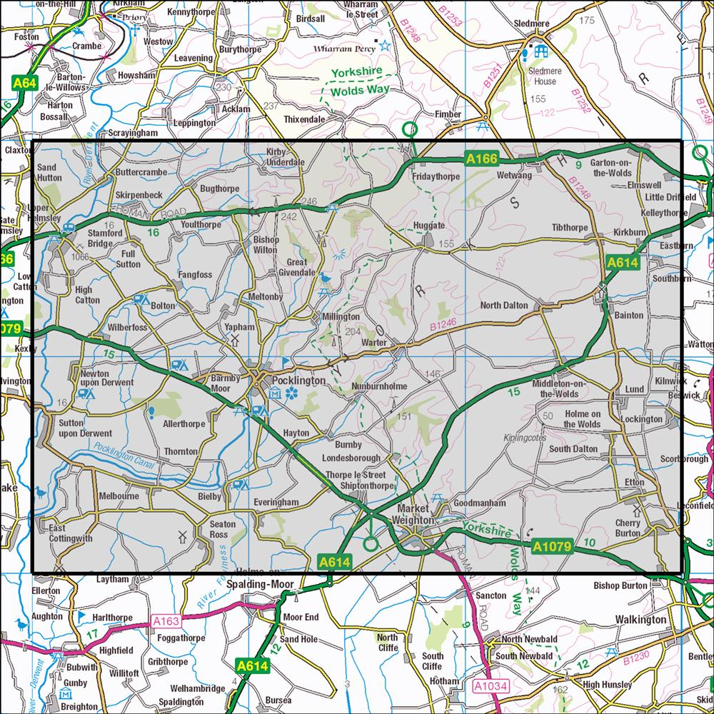 Outdoor Map Navigator image showing the area of the 1:25,000 scale Ordnance Survey Explorer map 294 Market Weighton & Yorkshire Wolds Central