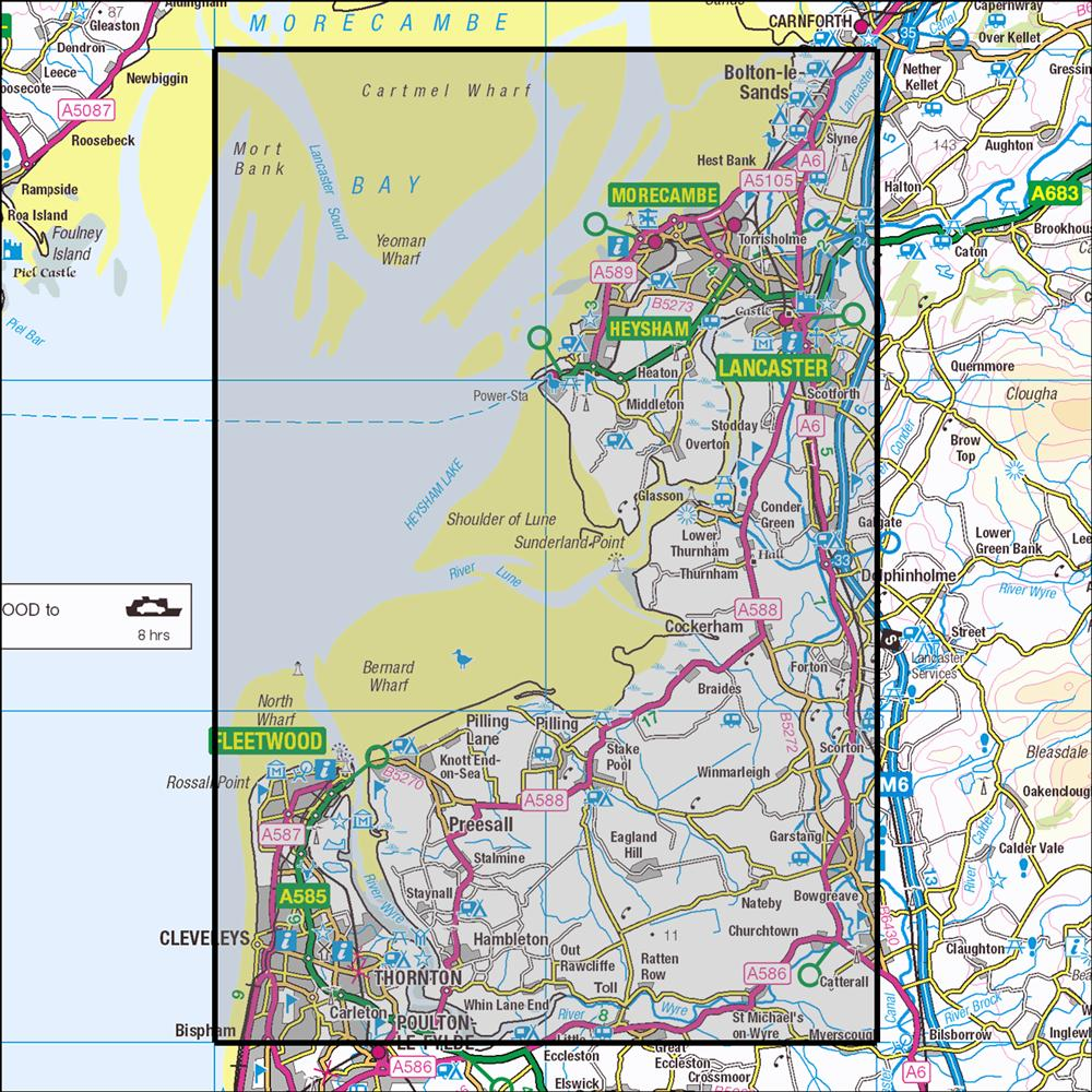Outdoor Map Navigator image showing the area of the 1:25,000 scale Ordnance Survey Explorer map 296 Lancaster, Morecambe & Fleetwood