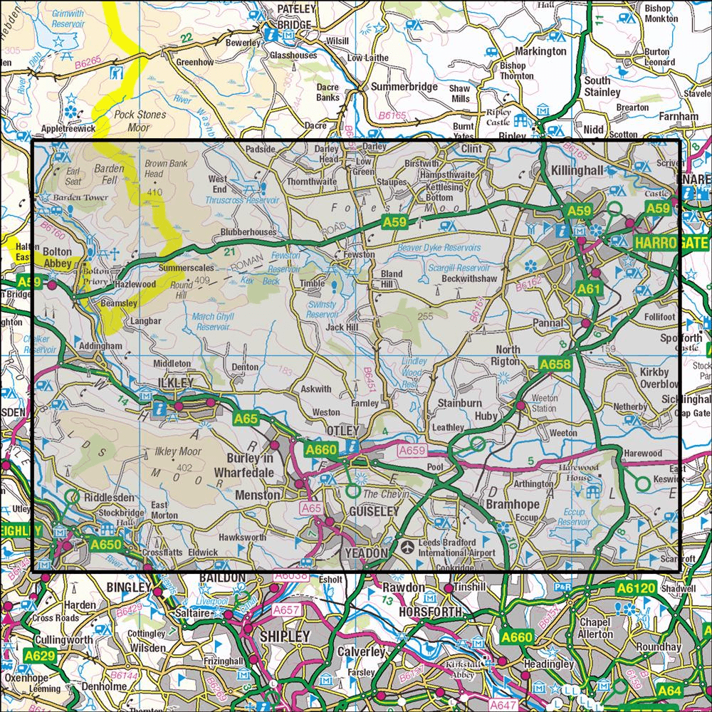 Outdoor Map Navigator image showing the area of the 1:25,000 scale Ordnance Survey Explorer map 297 Lower Wharfedale & Washburn Valley