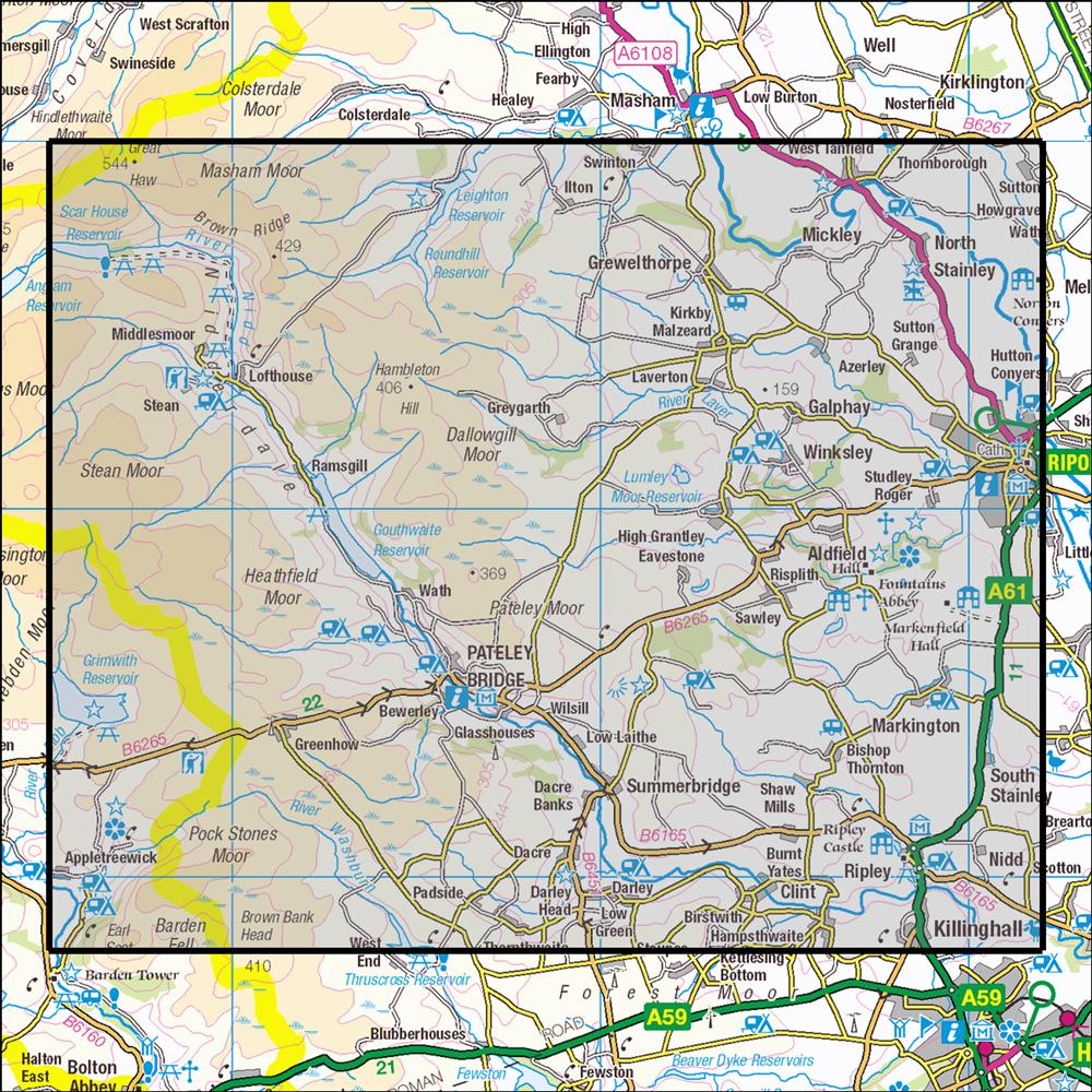 Outdoor Map Navigator image showing the area of the 1:25,000 scale Ordnance Survey Explorer map 298 Nidderdale