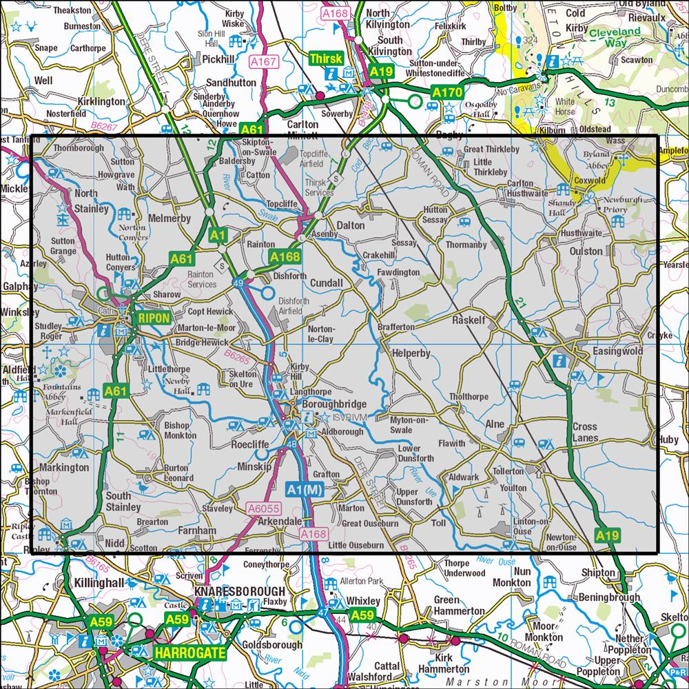 Outdoor Map Navigator image showing the area of the 1:25,000 scale Ordnance Survey Explorer map 299 Ripon & Boroughbridge
