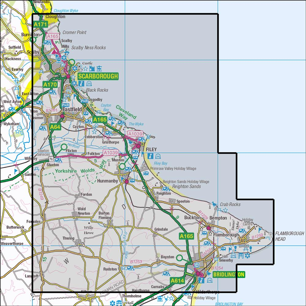 Outdoor Map Navigator image showing the area of the 1:25,000 scale Ordnance Survey Explorer map 301 Scarborough, Bridlington & Flamborough Head