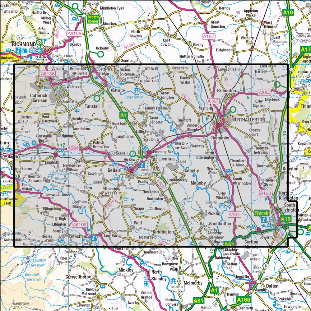 Outdoor Map Navigator image showing the area of the 1:25,000 scale Ordnance Survey Explorer map 302 Northallerton & Thirsk