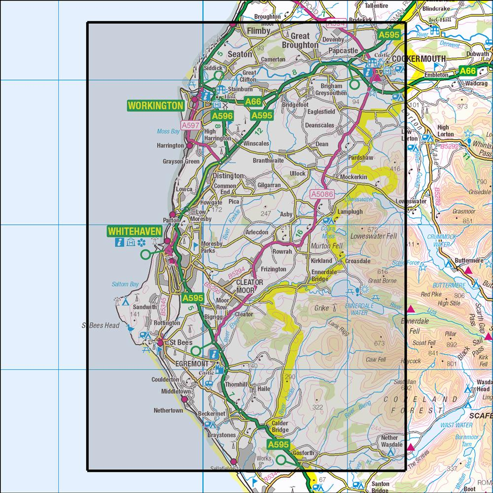 Outdoor Map Navigator image showing the area of the 1:25,000 scale Ordnance Survey Explorer map 303 Whitehaven & Workington