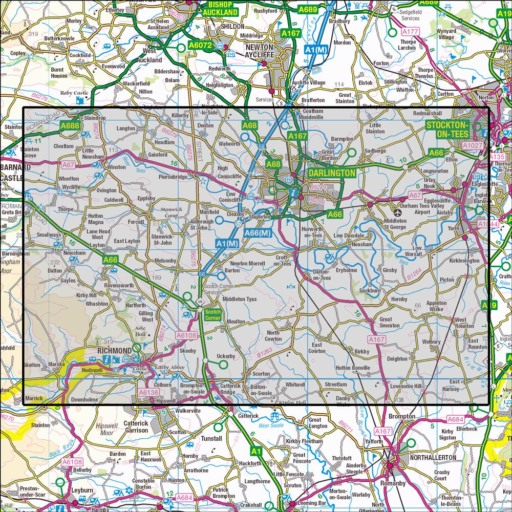 Outdoor Map Navigator image showing the area of the 1:25,000 scale Ordnance Survey Explorer map 304 Darlington & Richmond
