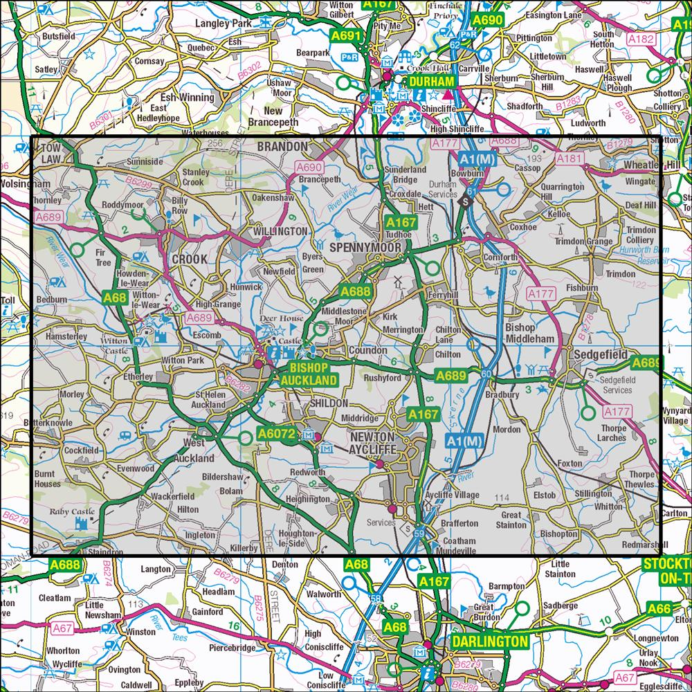 Outdoor Map Navigator image showing the area of the 1:25,000 scale Ordnance Survey Explorer map 305 Bishop Auckland