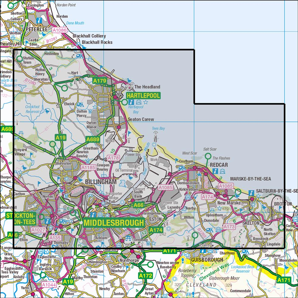 Outdoor Map Navigator image showing the area of the 1:25,000 scale Ordnance Survey Explorer map 306 Middlesbrough & Hartlepool