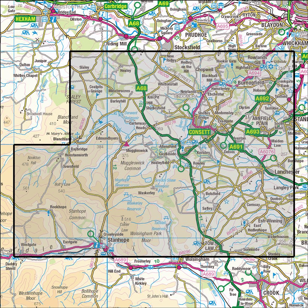 Outdoor Map Navigator image showing the area of the 1:25,000 scale Ordnance Survey Explorer map 307 Consett & Derwent Reservoir
