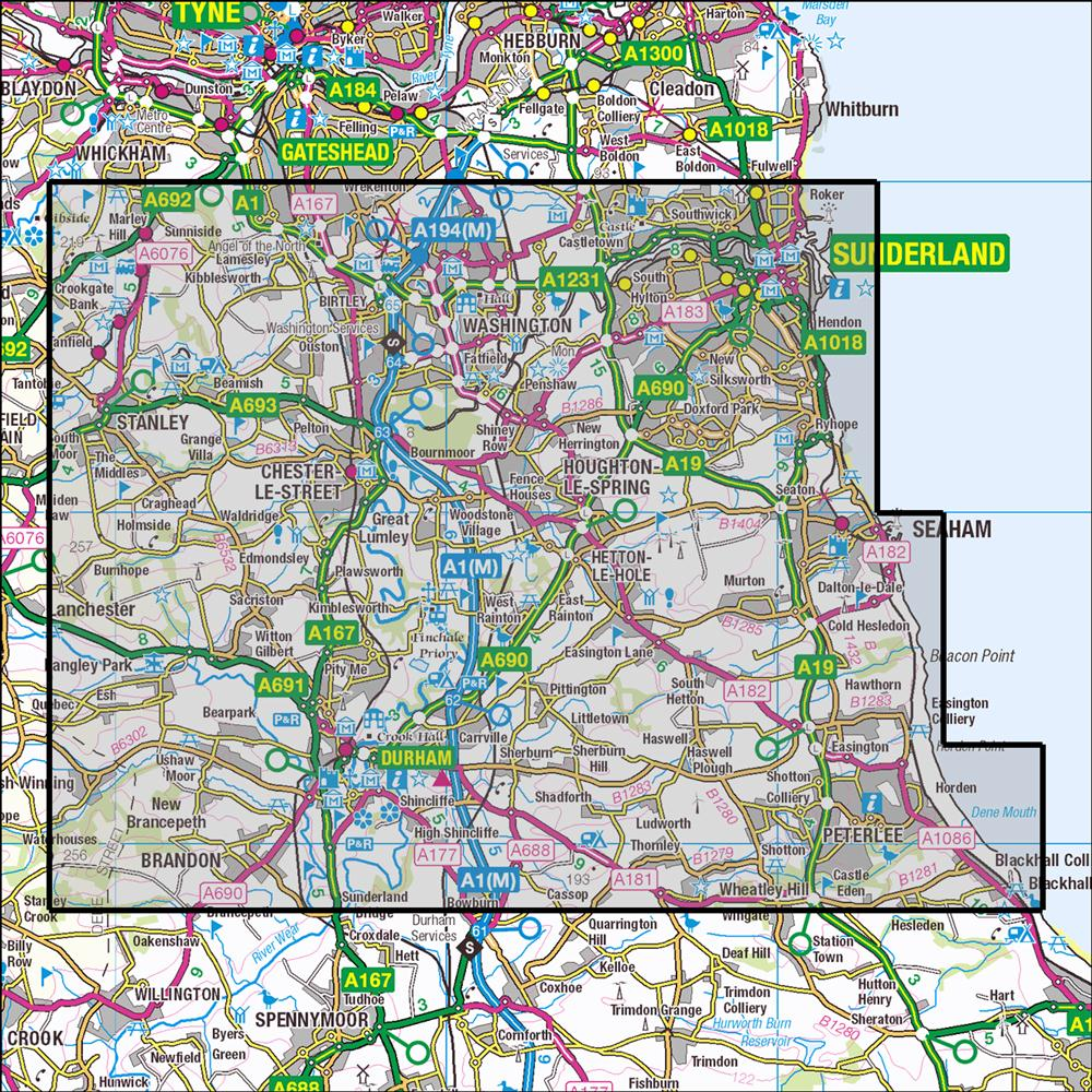 Outdoor Map Navigator image showing the area of the 1:25,000 scale Ordnance Survey Explorer map 308 Durham & Sunderland