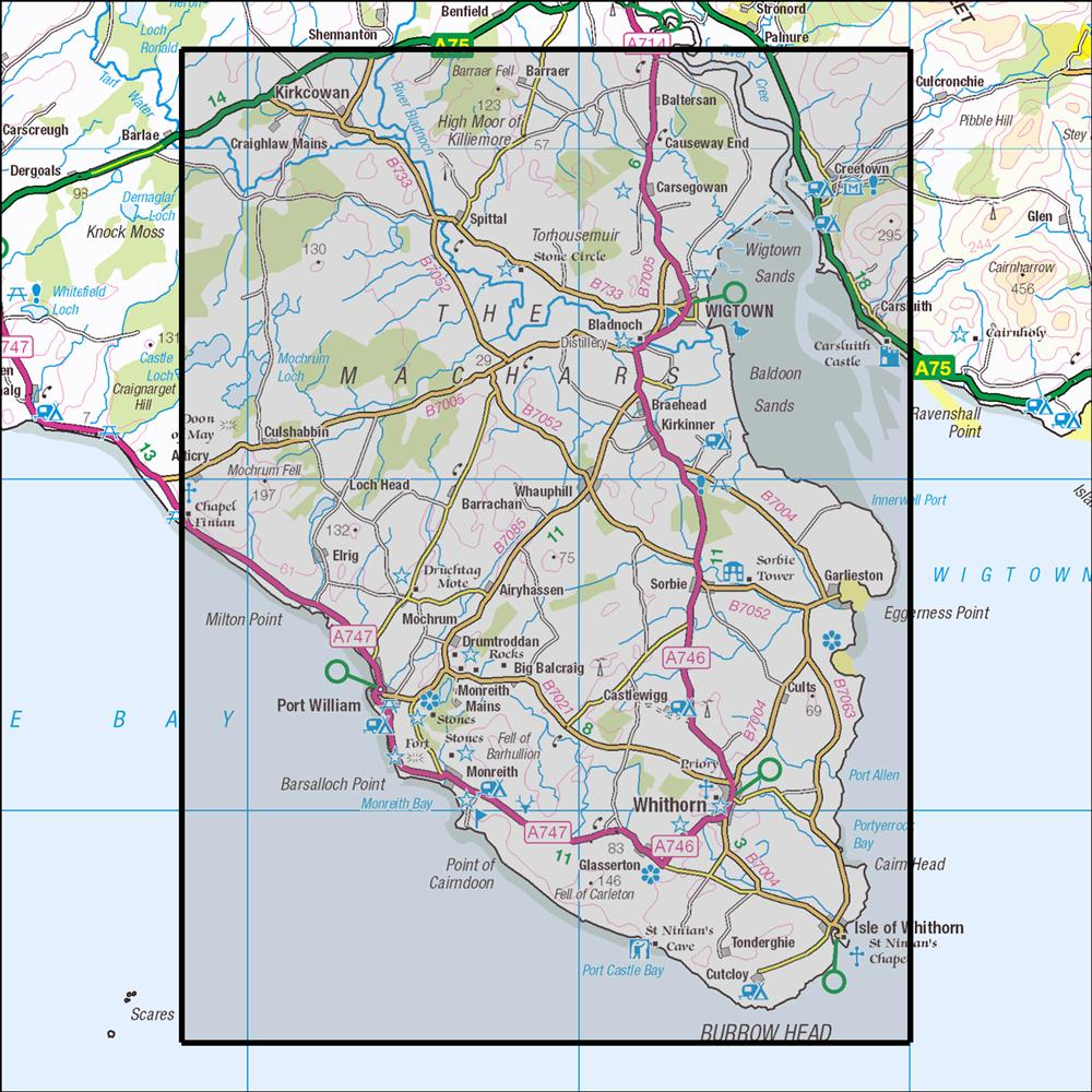 Outdoor Map Navigator image showing the area of the 1:25,000 scale Ordnance Survey Explorer map 311 Wigtown, Whithorn & The Machars