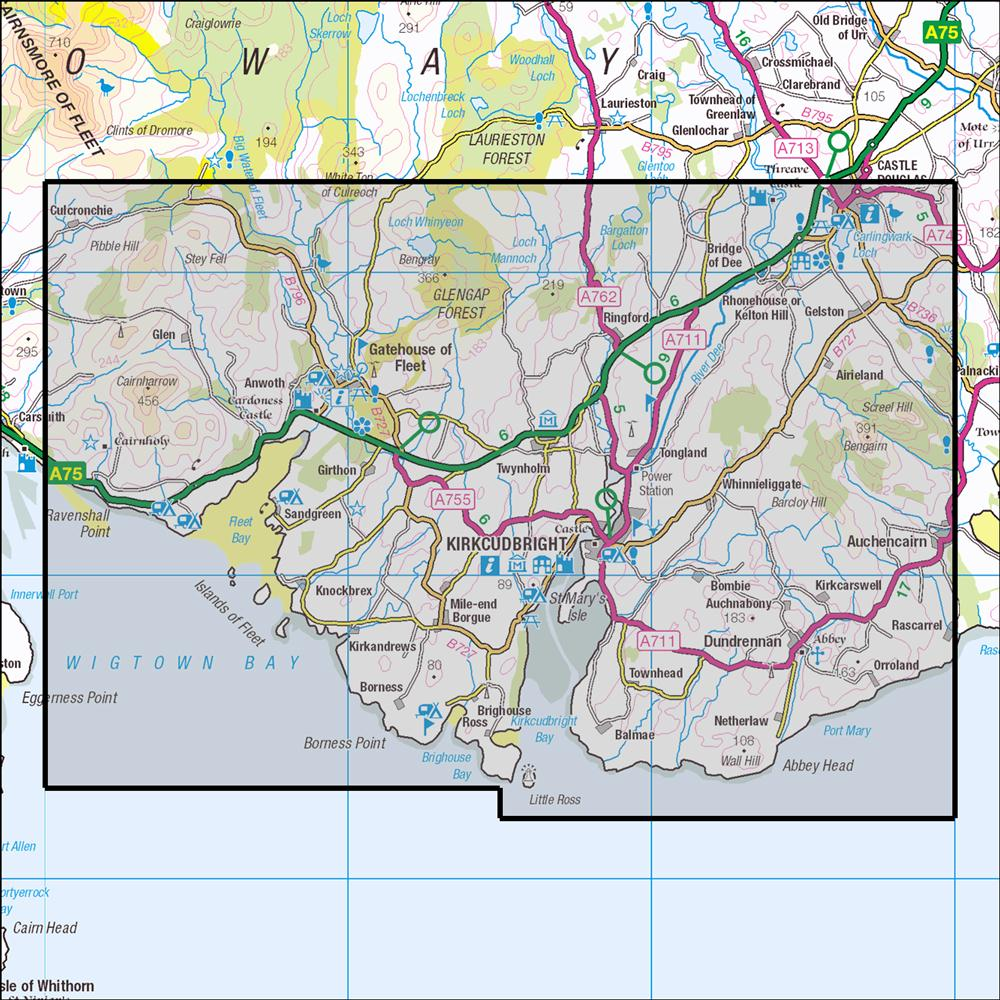 Outdoor Map Navigator image showing the area of the 1:25,000 scale Ordnance Survey Explorer map 312 Kirkcudbright & Castle Douglas
