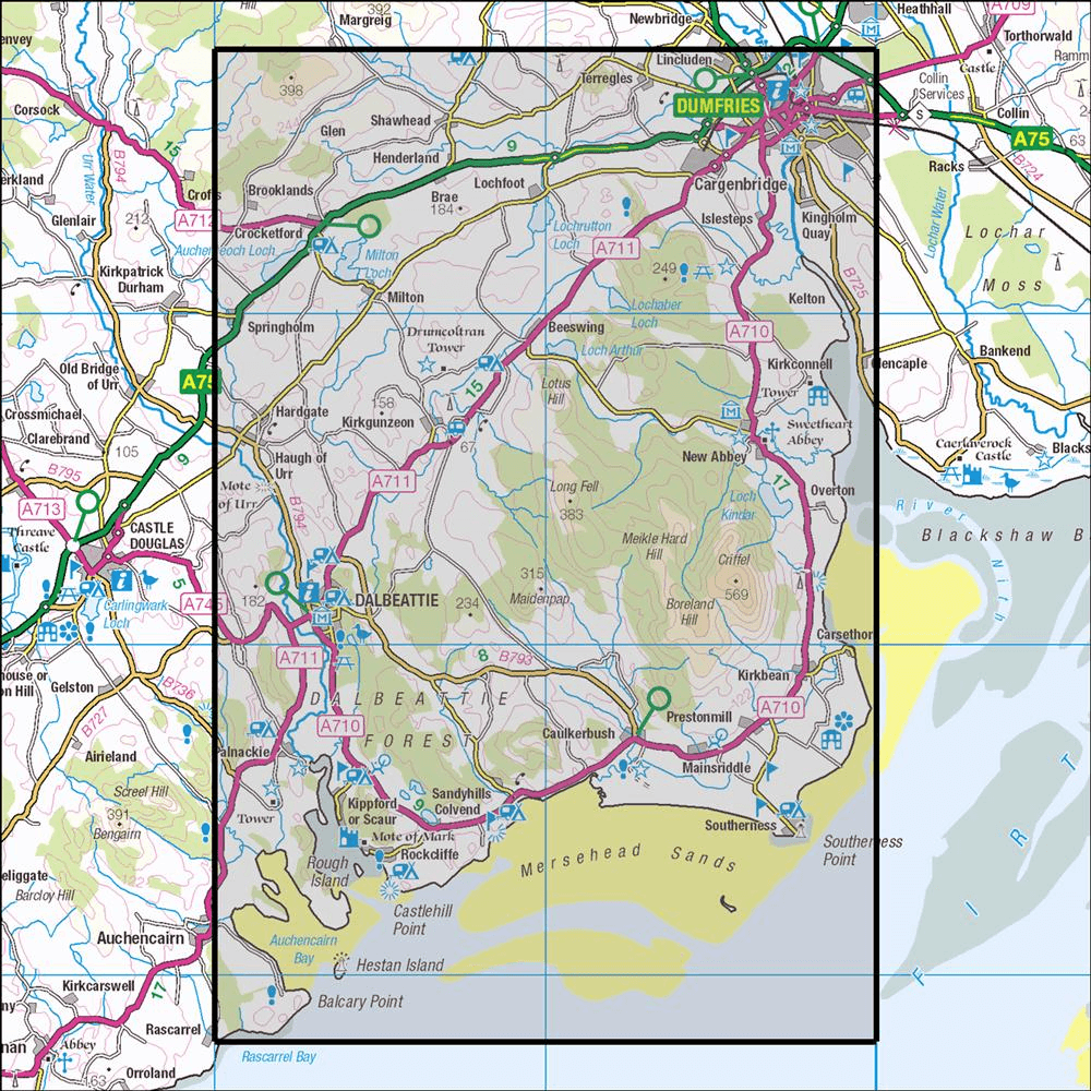 Outdoor Map Navigator image showing the area of the 1:25,000 scale Ordnance Survey Explorer map 313 Dumfries & Dalbeattie Forest