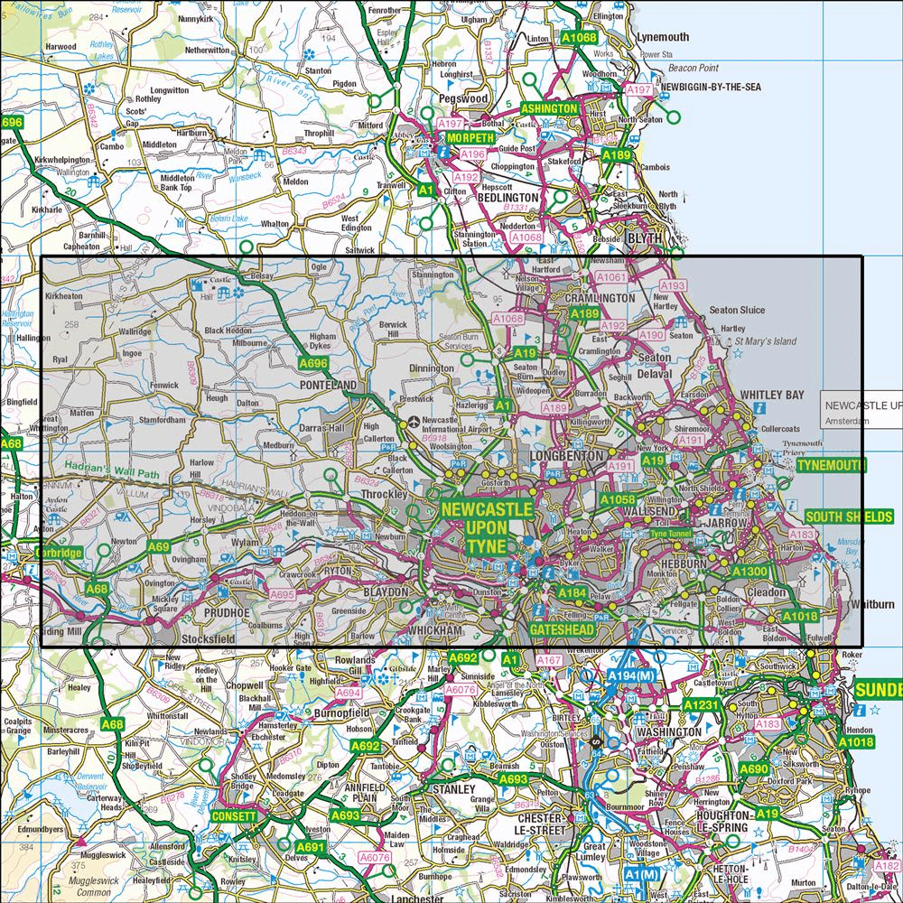 Outdoor Map Navigator image showing the area of the 1:25,000 scale Ordnance Survey Explorer map 316 Newcastle upon Tyne