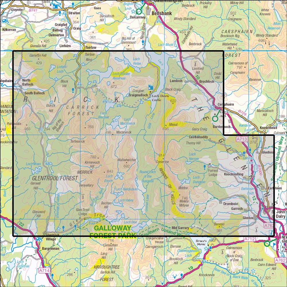 Outdoor Map Navigator image showing the area of the 1:25,000 scale Ordnance Survey Explorer map 318 Galloway Forest Park North