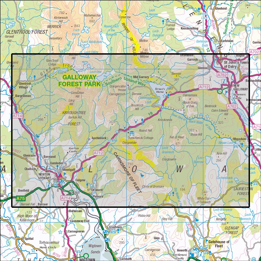 Outdoor Map Navigator image showing the area of the 1:25,000 scale Ordnance Survey Explorer map 319 Galloway Forest Park South