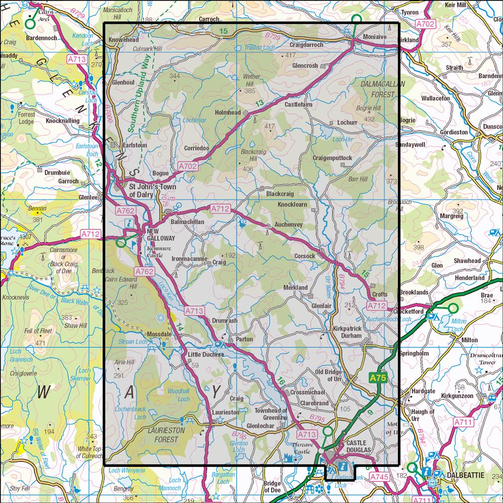 Outdoor Map Navigator image showing the area of the 1:25,000 scale Ordnance Survey Explorer map 320 Castle Douglas, Loch Ken & New Galloway