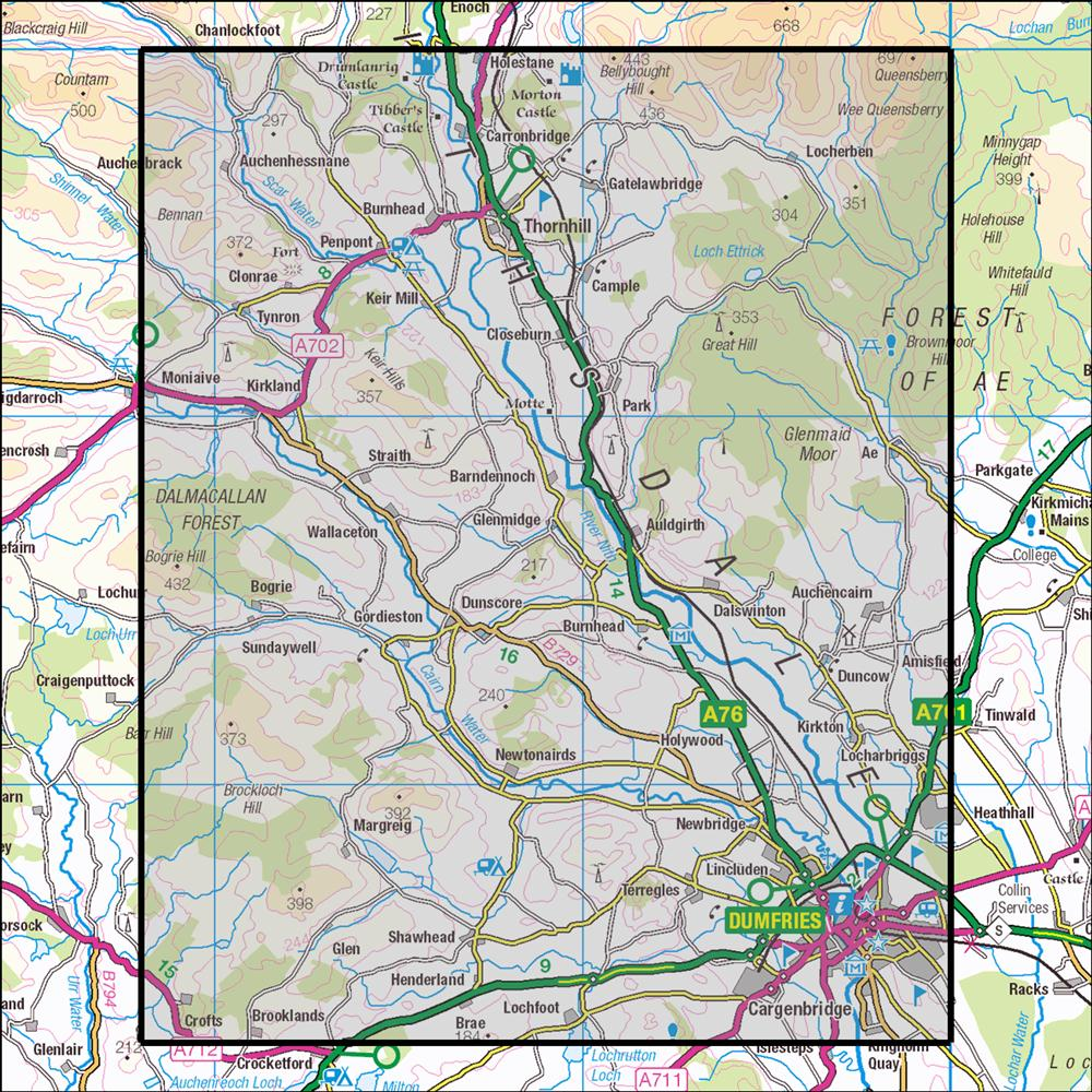 Outdoor Map Navigator image showing the area of the 1:25,000 scale Ordnance Survey Explorer map 321 Nithsdale & Dumfries