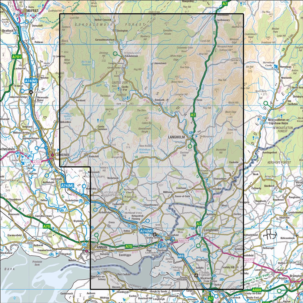 Outdoor Map Navigator image showing the area of the 1:25,000 scale Ordnance Survey Explorer map 323 Eskdale & Castle Oer Forest