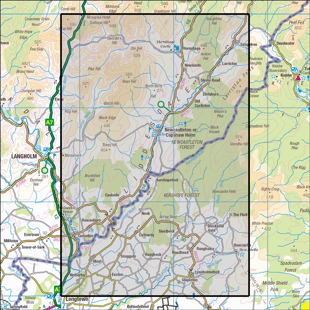 Outdoor Map Navigator image showing the area of the 1:25,000 scale Ordnance Survey Explorer map 324 Liddesdale & Kershope Forest