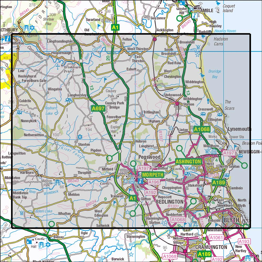 Outdoor Map Navigator image showing the area of the 1:25,000 scale Ordnance Survey Explorer map 325 Morpeth & Blyth