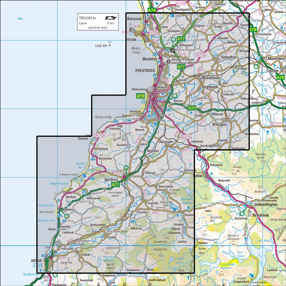 Outdoor Map Navigator image showing the area of the 1:25,000 scale Ordnance Survey Explorer map 326 Ayr & Troon