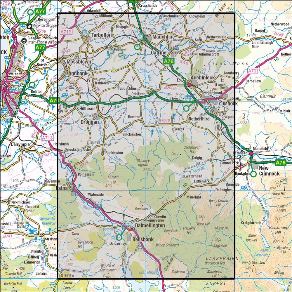 Outdoor Map Navigator image showing the area of the 1:25,000 scale Ordnance Survey Explorer map 327 Cumnock & Dalmellington