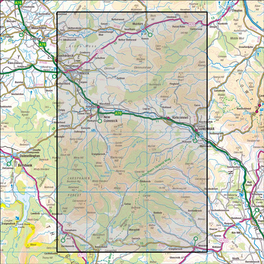 Outdoor Map Navigator image showing the area of the 1:25,000 scale Ordnance Survey Explorer map 328 Sanquhar & New Cumnock