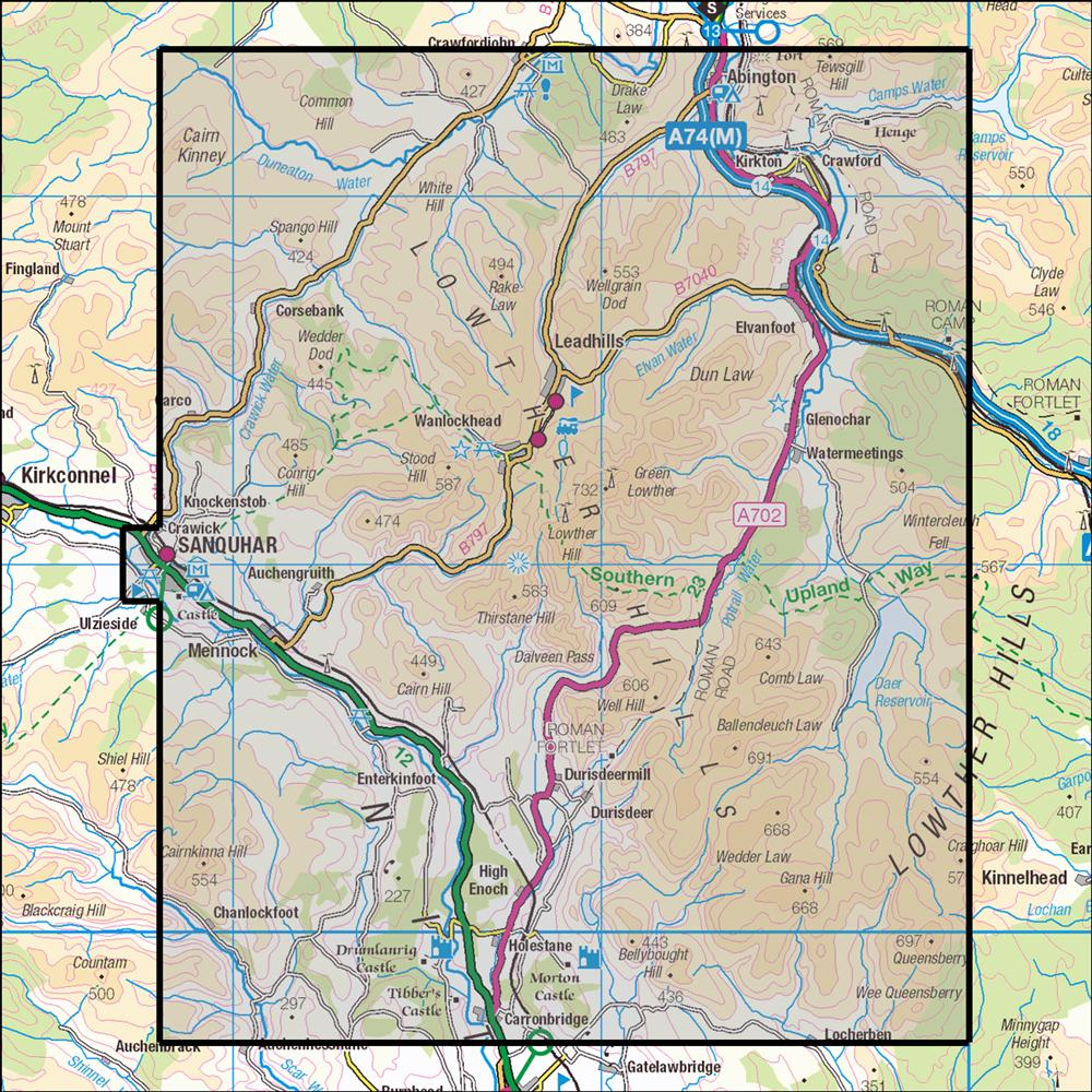 Outdoor Map Navigator image showing the area of the 1:25,000 scale Ordnance Survey Explorer map 329 Lowther Hills, Sanquhar & Leadhills
