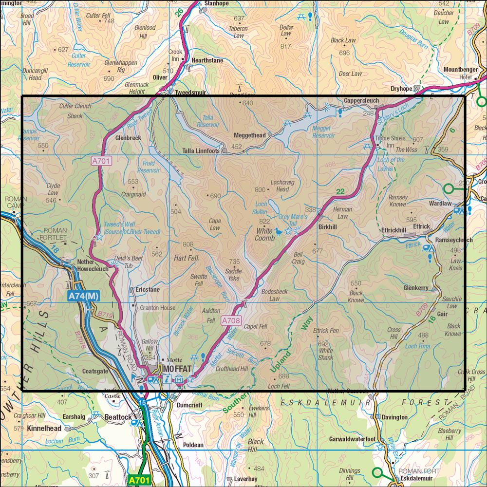 Outdoor Map Navigator image showing the area of the 1:25,000 scale Ordnance Survey Explorer map 330 Moffat & St Marys Loch