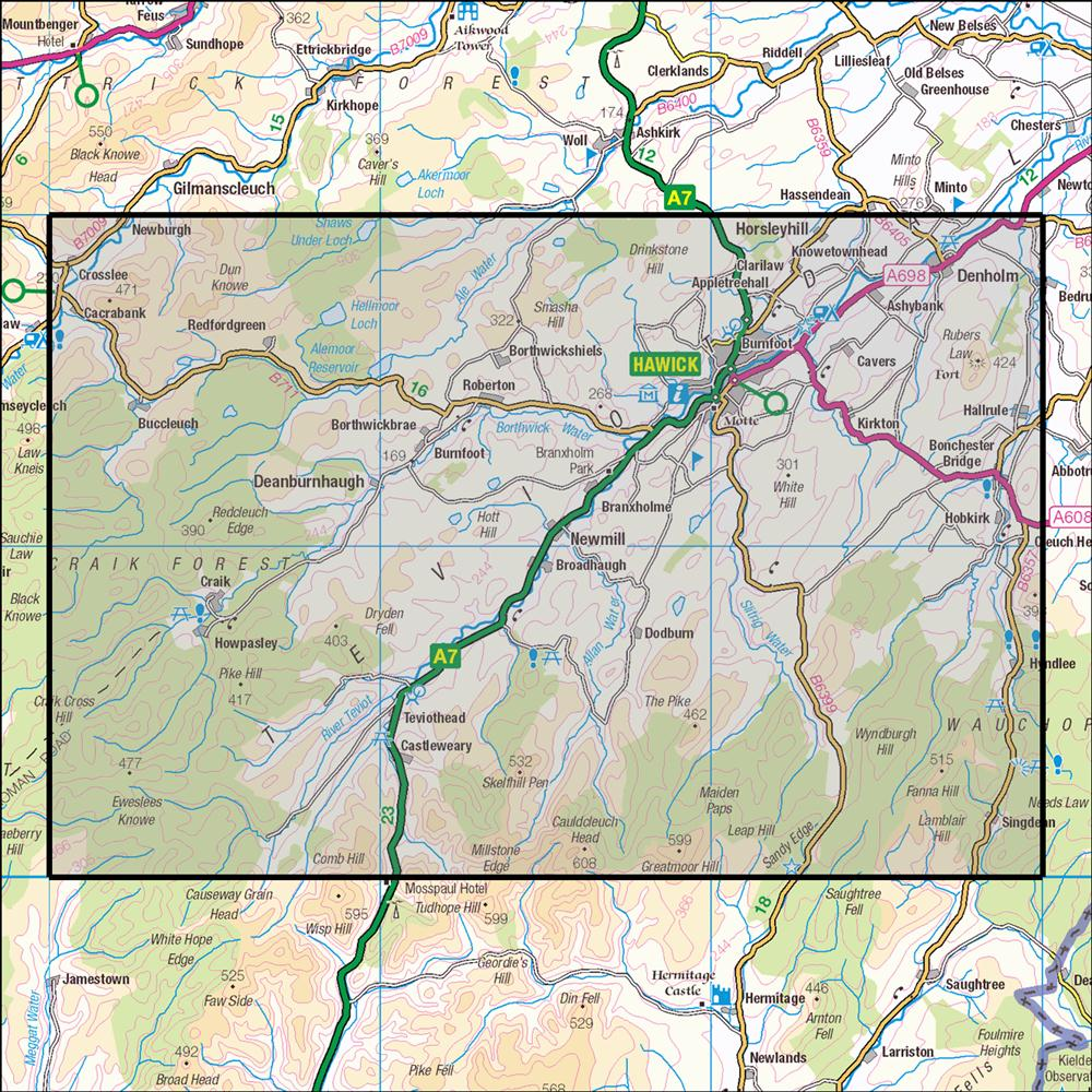 Outdoor Map Navigator image showing the area of the 1:25,000 scale Ordnance Survey Explorer map 331 Teviotdale South