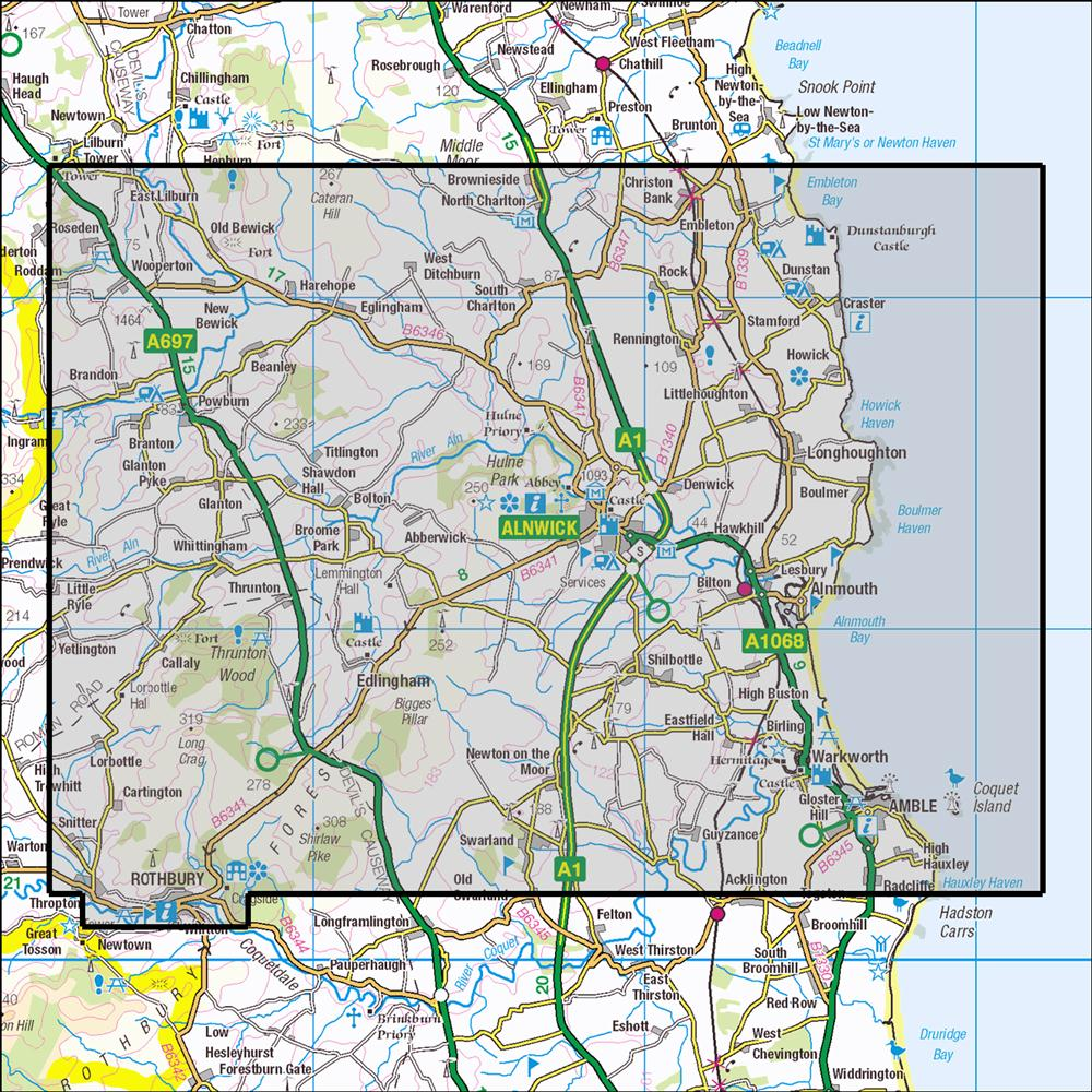 Outdoor Map Navigator image showing the area of the 1:25,000 scale Ordnance Survey Explorer map 332 Alnwick & Amble
