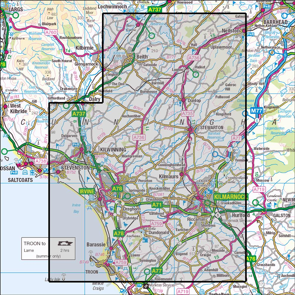 Outdoor Map Navigator image showing the area of the 1:25,000 scale Ordnance Survey Explorer map 333 Kilmarnock & Irvine