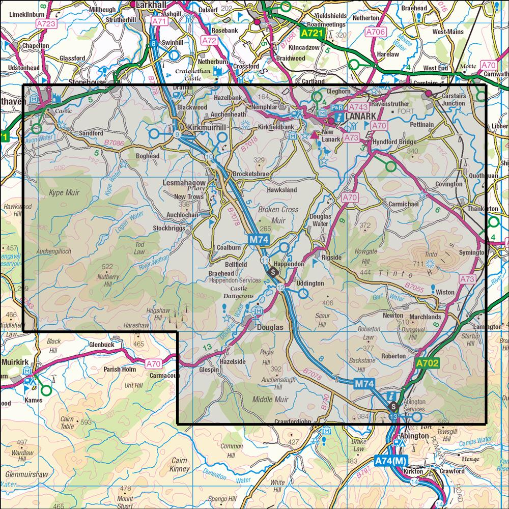 Outdoor Map Navigator image showing the area of the 1:25,000 scale Ordnance Survey Explorer map 335 Lanark & Tinto Hills