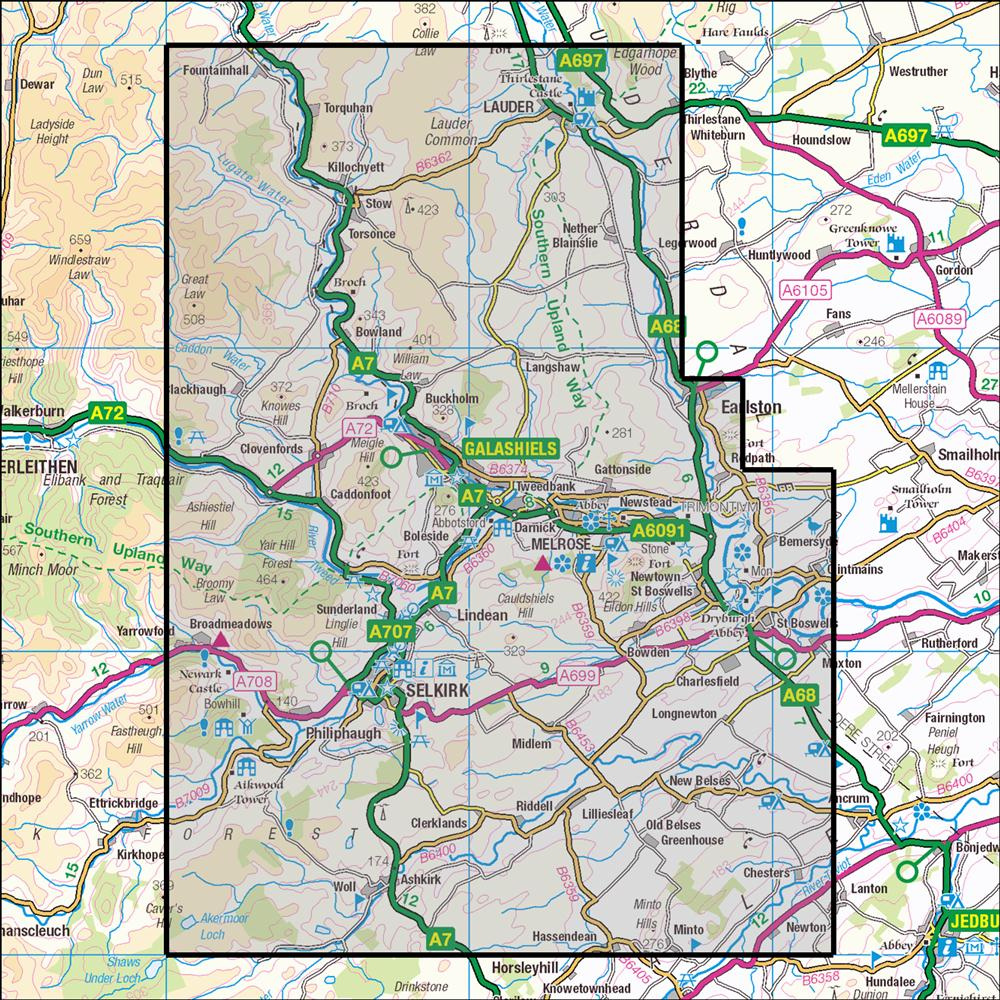 Outdoor Map Navigator image showing the area of the 1:25,000 scale Ordnance Survey Explorer map 338 Galashiels, Selkirk & Melrose