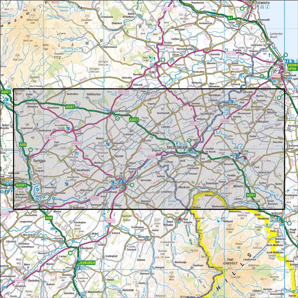 Outdoor Map Navigator image showing the area of the 1:25,000 scale Ordnance Survey Explorer map 339 Kelso, Coldstream & Lower Tweed Valley