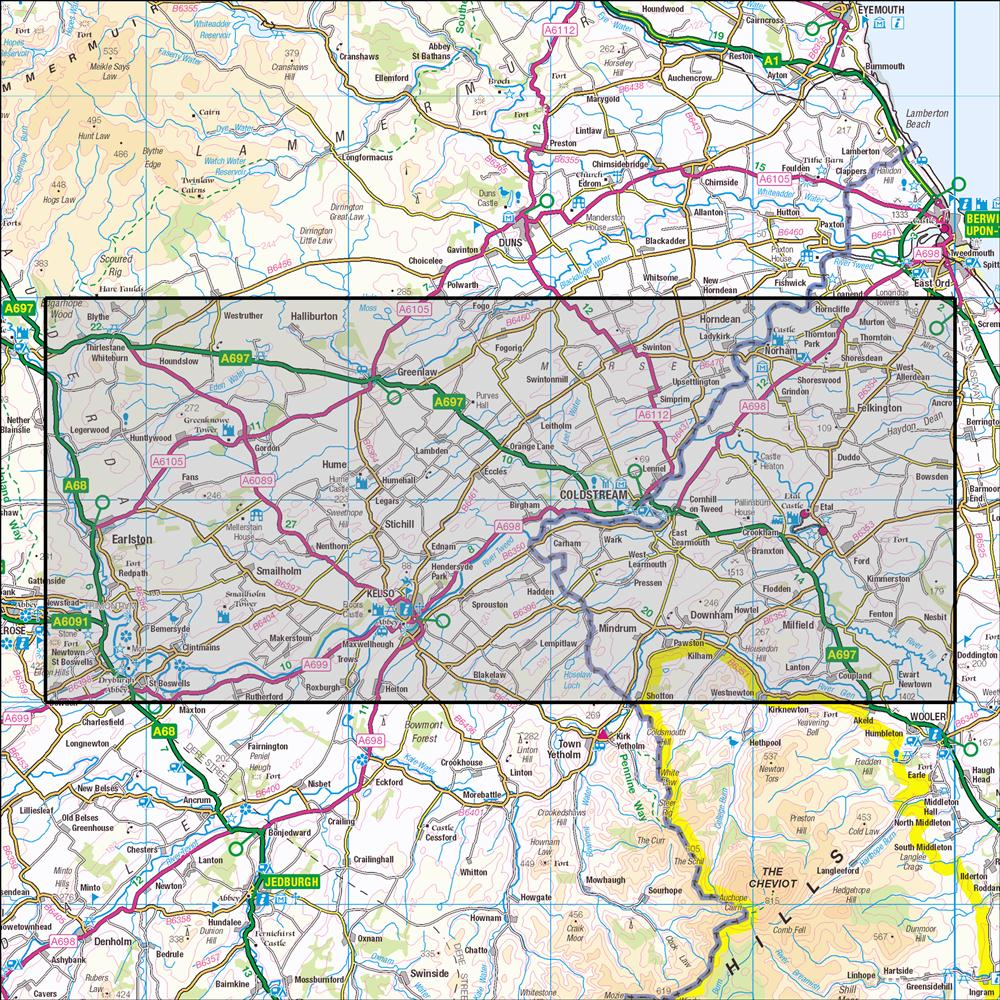 Outdoor Map Navigator image showing the area of the 1:25,000 scale Ordnance Survey Explorer map 339 Kelso, Coldstream & Lower Tweed Valley